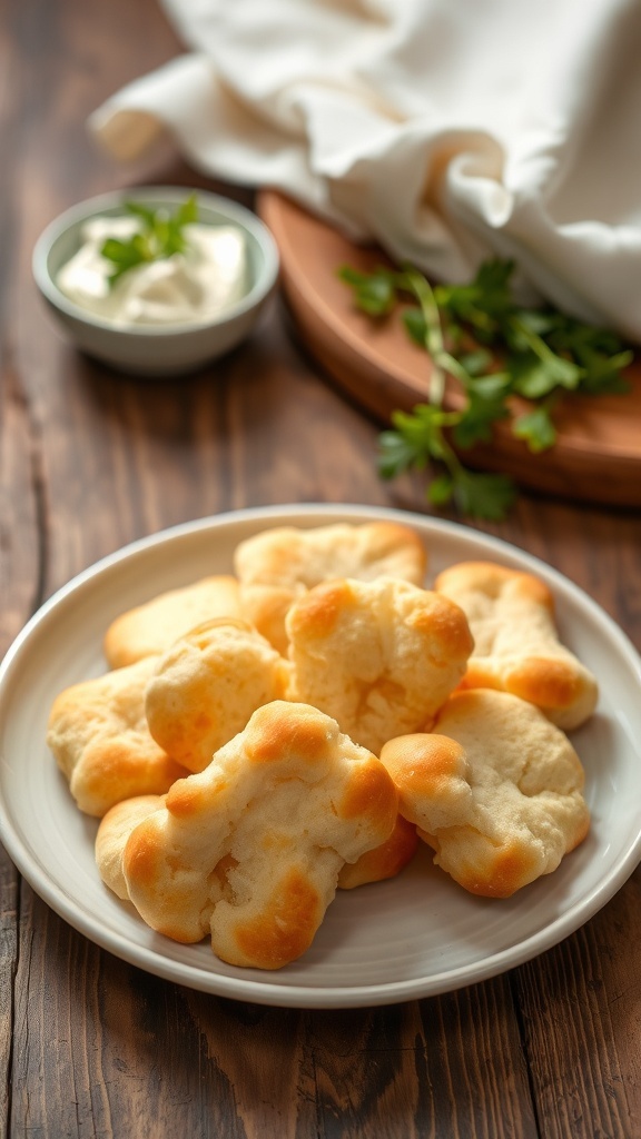Simple 2-Ingredient Cloud Bread Recipe Fluffy cloud bread pieces on a plate, golden brown, with cream cheese in the background.